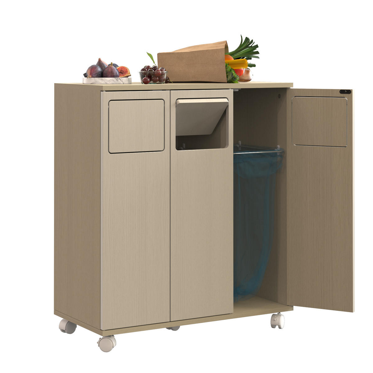 MÜLLSCHRANK DE-38851 69,3/35/80 cm 3 Fächer und Rollen Creme - Creme, Holzwerkstoff (69.3/80/35cm) - ComfortXL