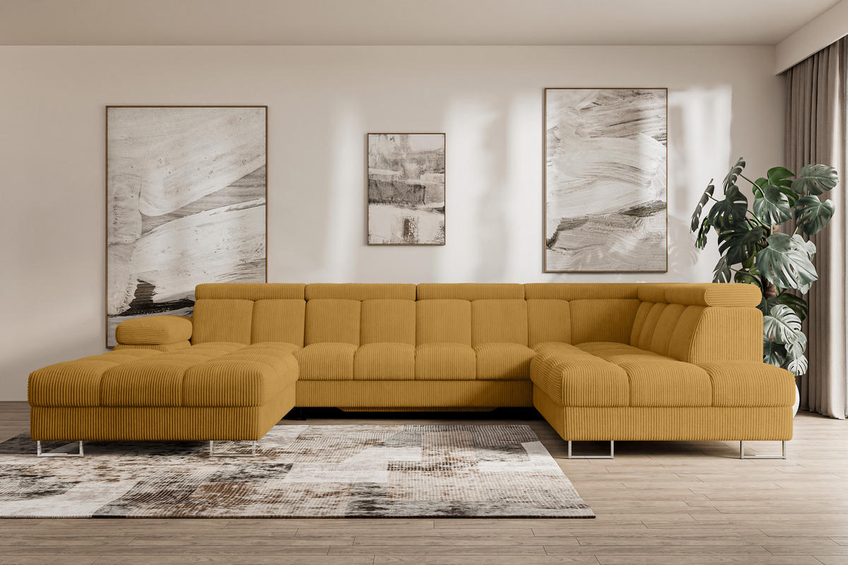WOHNLANDSCHAFT mit Schlaffunktion und Bettkasten Ottomane RECHTS COMA U 345x203x79 Senfgelb Cord - Honig, Holzwerkstoff/Textil (203/79/345cm) - ALTDECOR