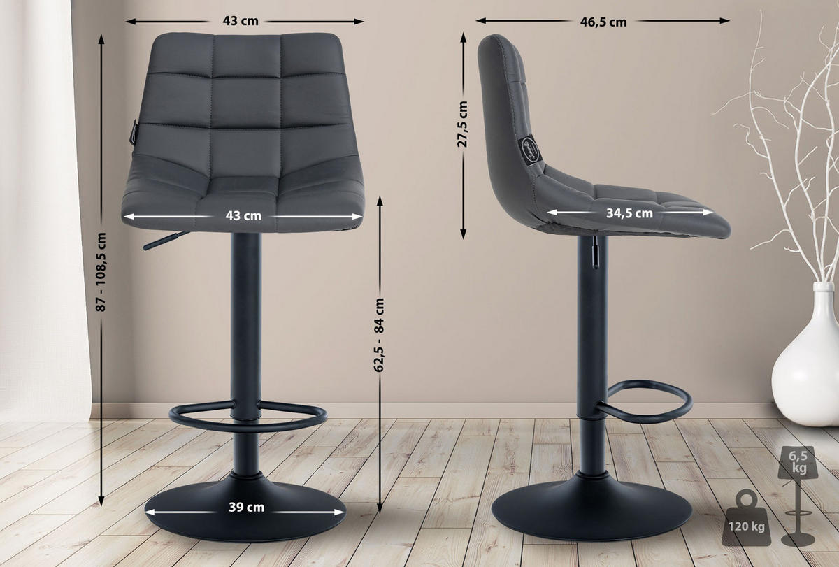 BARHOCKER 2er Set James Kunstleder schwarz grau - Schwarz/Grau, Kunststoff/Metall (43/108.5/46.5cm) - TPFLiving