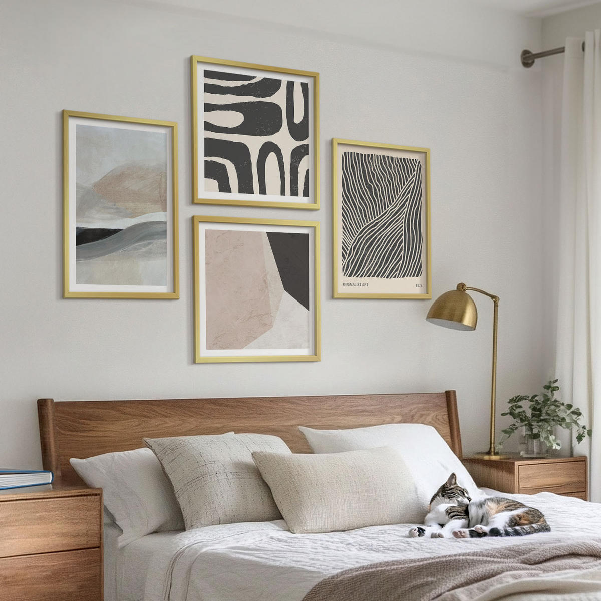 BILDER SET 4er Set - 50x50 cm & 40x60 cm Goldrahmen - Abstrakte Boho-Dekorationsmuster - Goldfarben, Kunststoff (50/50cm) - TULUP