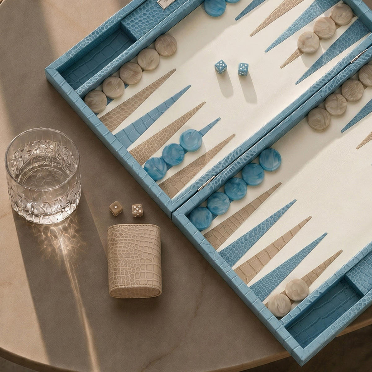 BACKGAMMON – Groß BACKGAMMON Leder Riviera-Blau 46cm - Blau, Leder (46/30.3cm) - Premium Interiors
