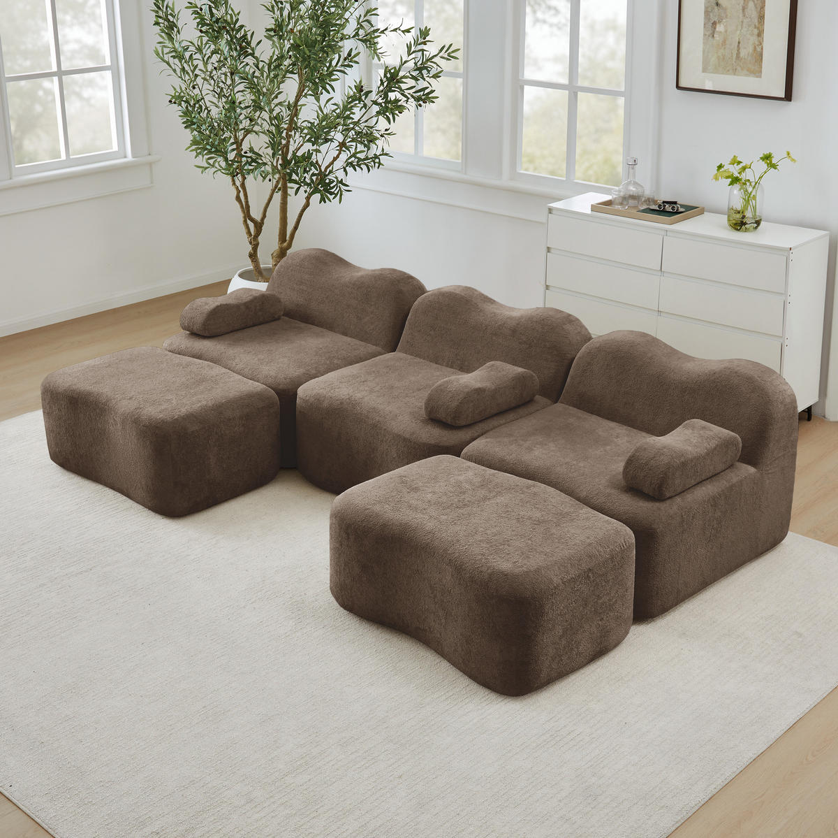SOFA modular U-Form Samt Braun mit 2 Hockern - Braun, Textil (167/70/288cm) - Meubliv