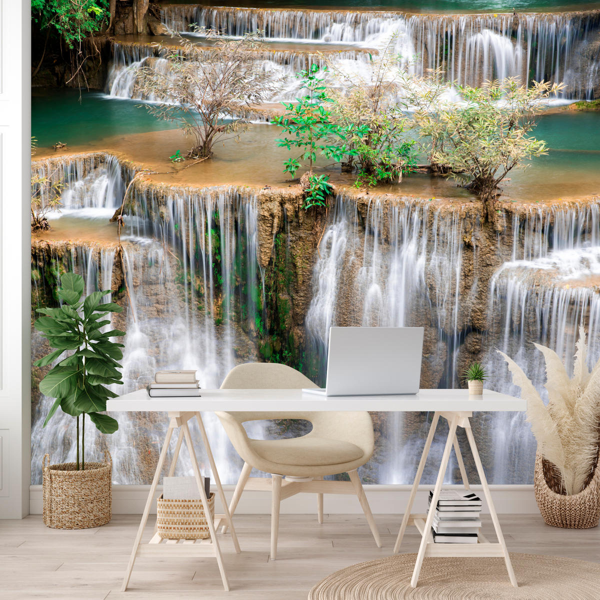 FOTOTAPETE für Wohnzimmer Wasserfall Panorama Pflanzen Natur 400x280 - Blau/Beige, Papier (400/280cm) - Muralo