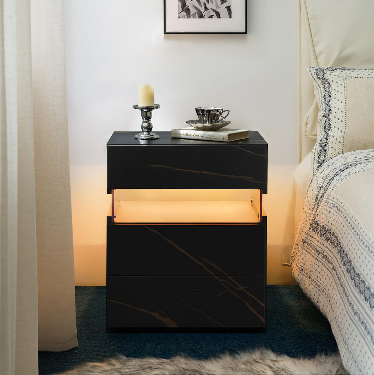 NACHTTISCH 48/38/61 cm Schwarz/Gold aus Holzwerkstoff mit LED-Beleuchtung - Schwarz, Holzwerkstoff (38/61/48cm) - OKWISH