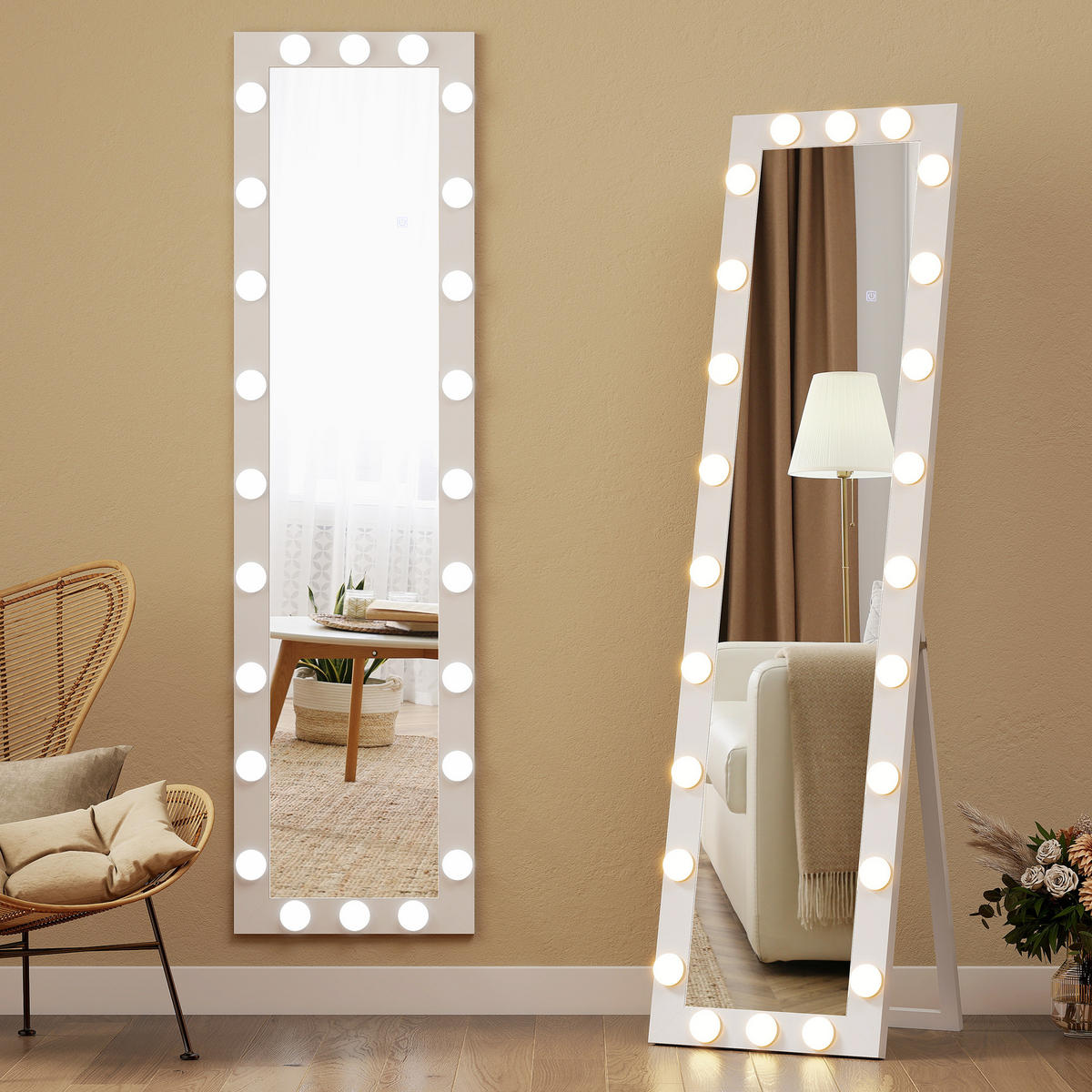 GANZKÖRPERSPIEGEL 150x40 cm LED Standspiegel mit 24 Glühbirnen 3 Lichtfarbe - Weiß, Glas/Holzwerkstoff (4/150/40cm) - HOMCOM