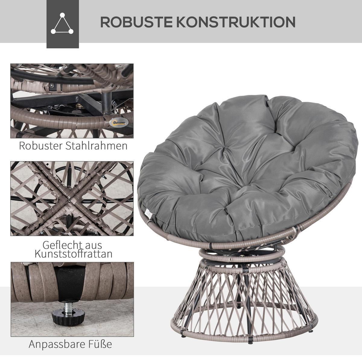 PAPASANSESSEL, Korbsessel, Sessel mit Polster, 360 Grad, Rattan, Grau - Grau, Kunststoff (97/86/87cm) - Outsunny