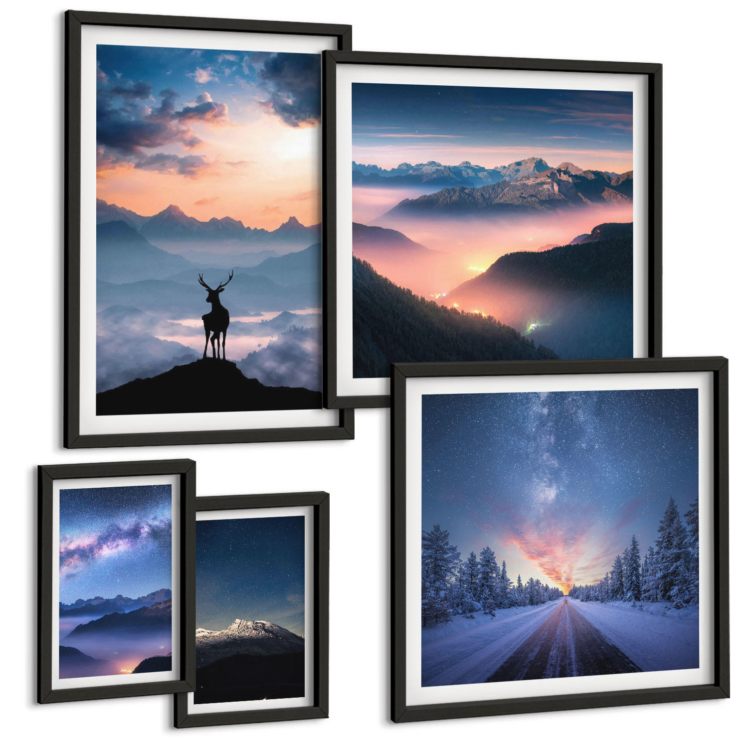 BILDER SET 5er Set - 50x50 cm & 20x30 cm & 40x60 cm Schwarzer Rahmen - Nachthimmel Berge Nebel Hirsch - Schwarz, Kunststoff (40/60cm) - TULUP