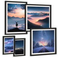 BILDER SET 5er Set - 50x50 cm & 20x30 cm & 40x60 cm Schwarzer Rahmen - Nachthimmel Berge Nebel Hirsch - Schwarz, Kunststoff (40/60cm) - TULUP