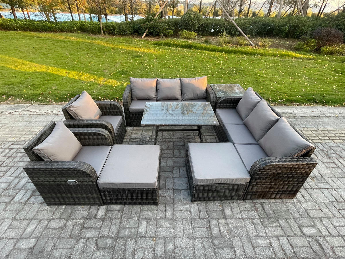 GARTENSET Hohe Rückenlehne Polyrattan 10-Sitzer - Dunkelgrau/Grau, Glas/Kunststoff - Fimous