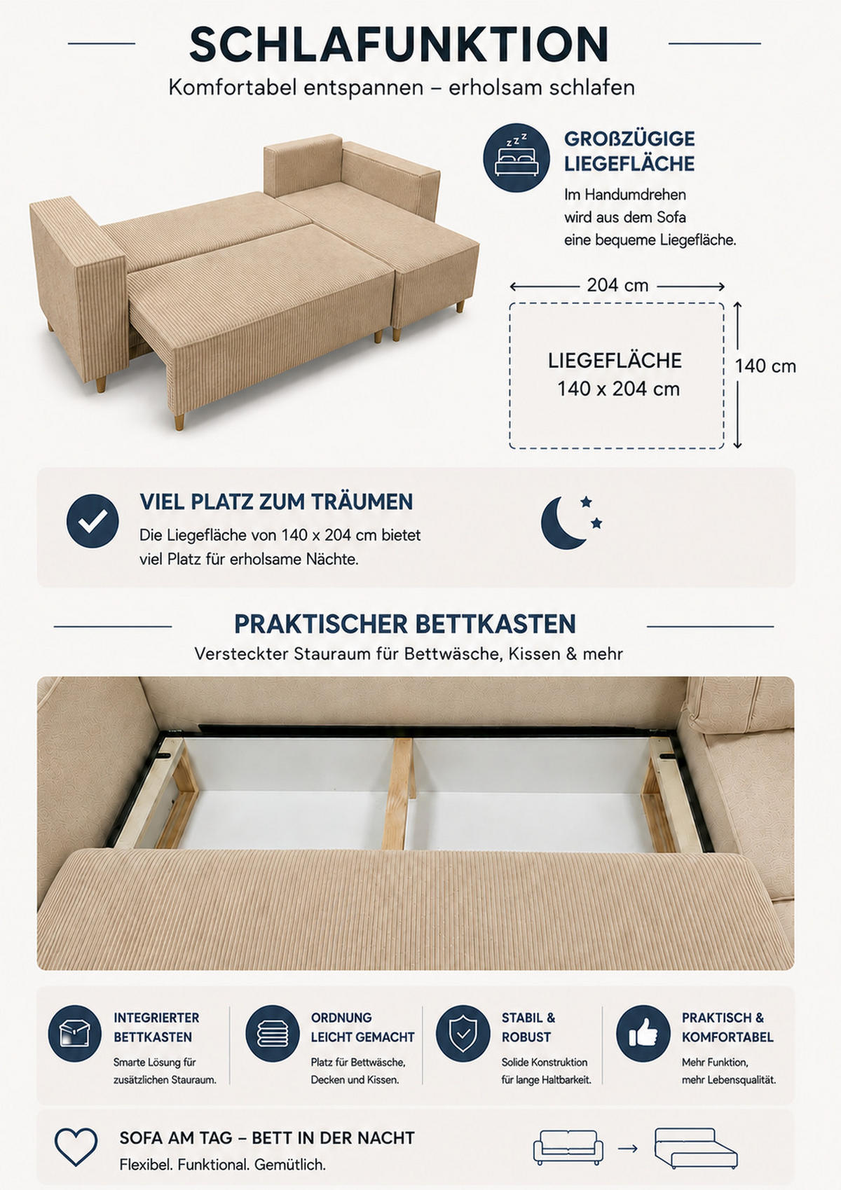 ECKSOFA mit Schlaffunktion und Bettkasten Rio, Ecksofa Cordstoff Creme, Ottomane Universal, 249x142 cm - Creme, Textil (249/142cm) - Marpur