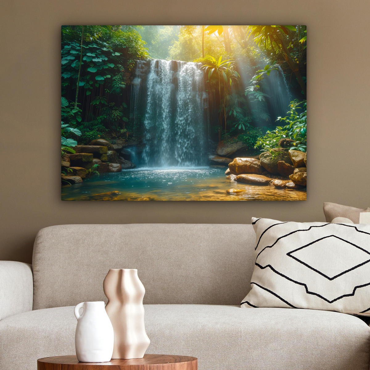 LEINWANDBILD Wasserfall - Dschungel - Sonne - Grün - Natur Wandbilder 80x60 cm - Grün, Textil (80/60cm) - MuchoWow
