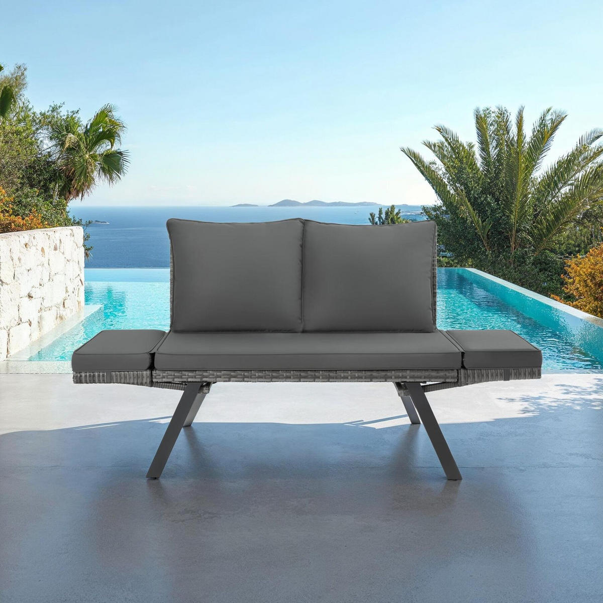 RATTAN-LOUNGESOFA Sintra,157 x 61 x 89 cm,grau - Grau, Kunststoff/Textil (157/89/61cm) - tectake