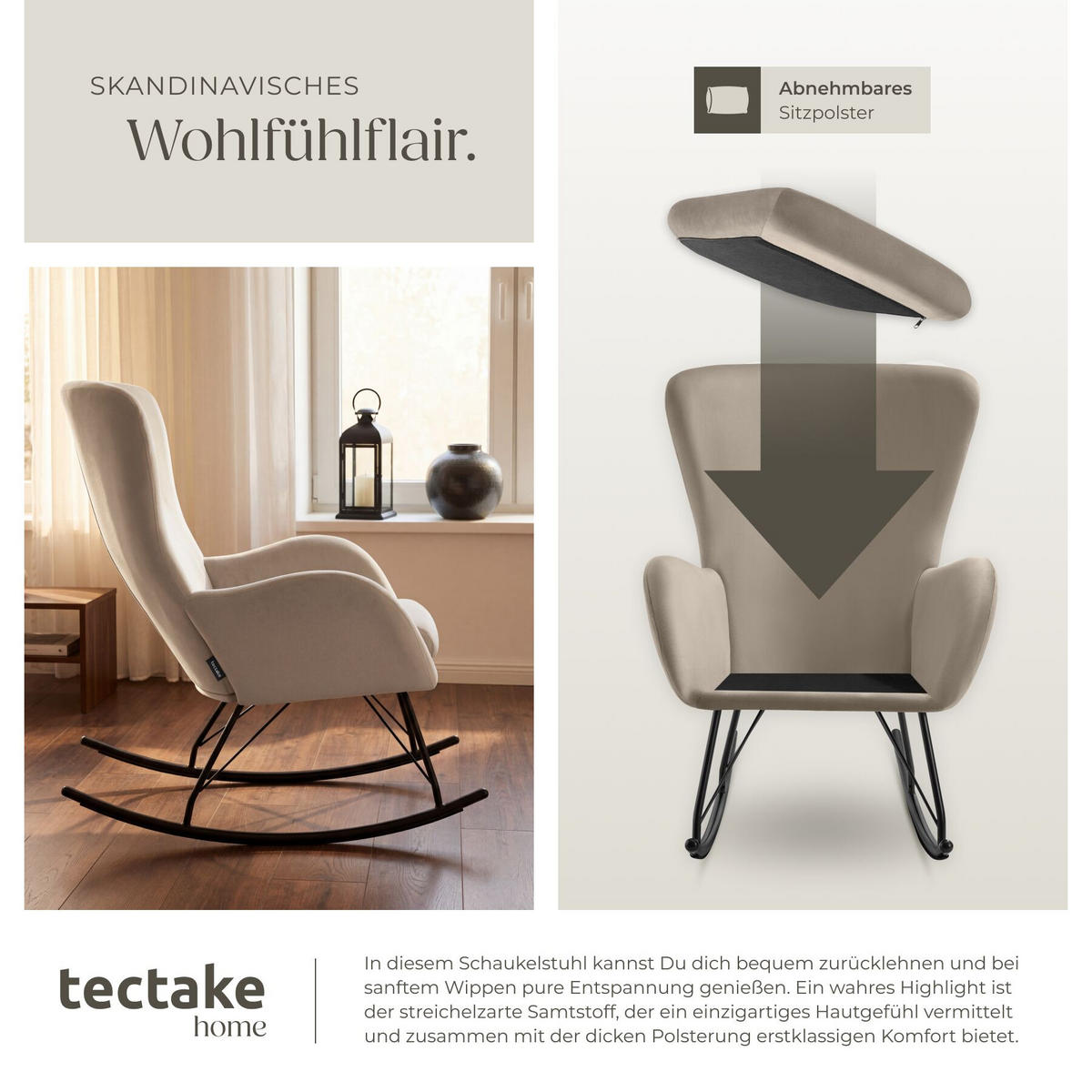 SCHAUKELSTUHL Swing, 70 x 93 x 100 cm, Belastbarkeit 120 kg, schwarz/taupe - Taupe/Schwarz, Kunststoff (70/100/93cm) - tectake
