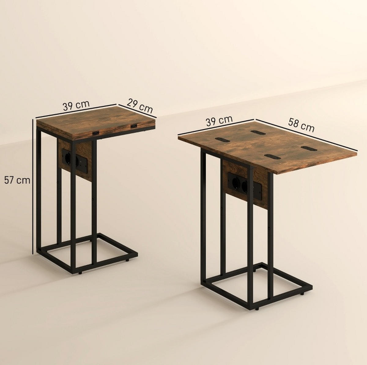 BEISTELLTISCH klappbar mit Ladestation 39 x 29/58 x 57 cm Braun Schwarz - Braun, Holz (39/29/57cm) - Meubliv