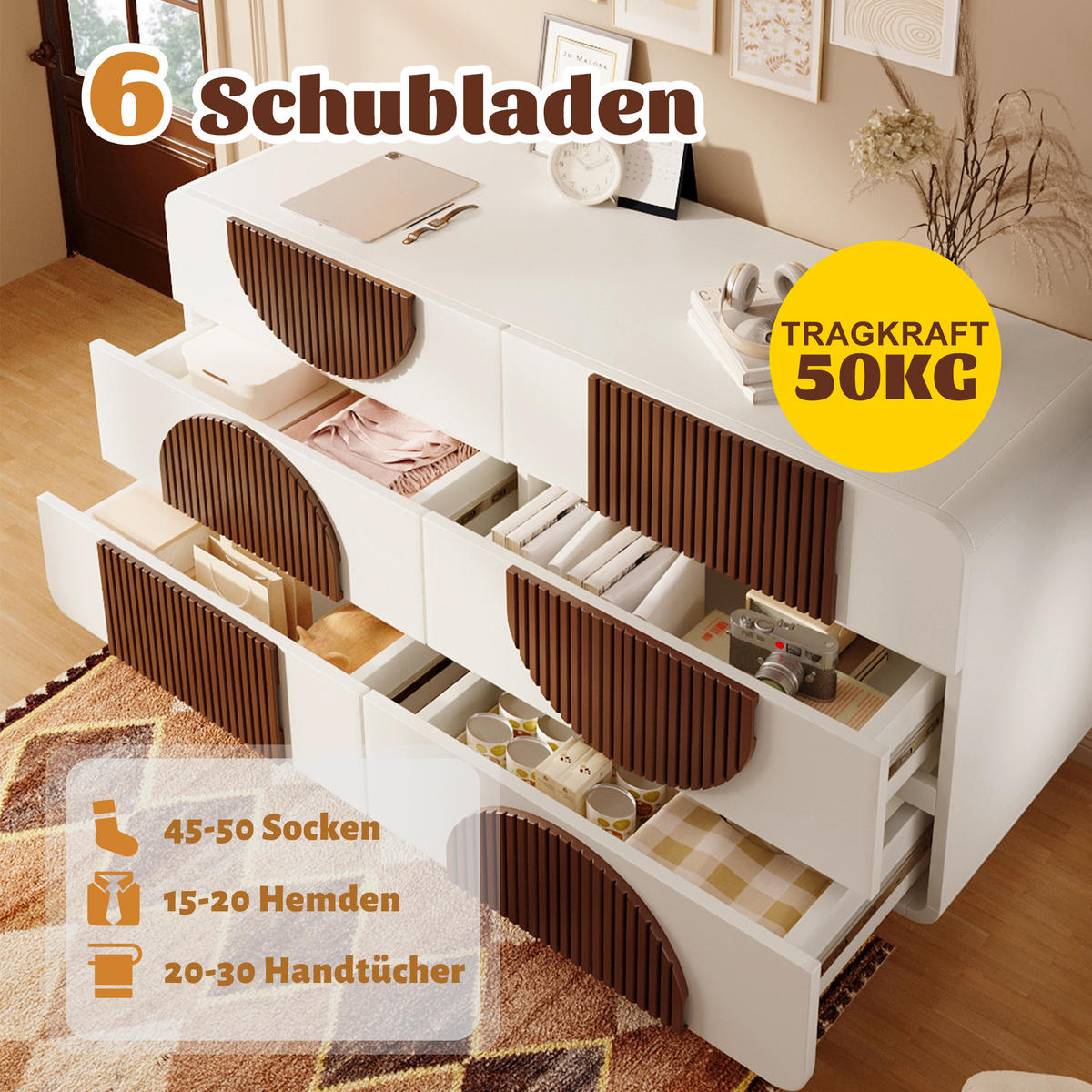 SIDEBOARD Weiß Holzleisten mit 6 Schubladen Geschwungenes Design 121×71 cm - Weiß, Holzwerkstoff (121/71/41cm) - Urban Meuble