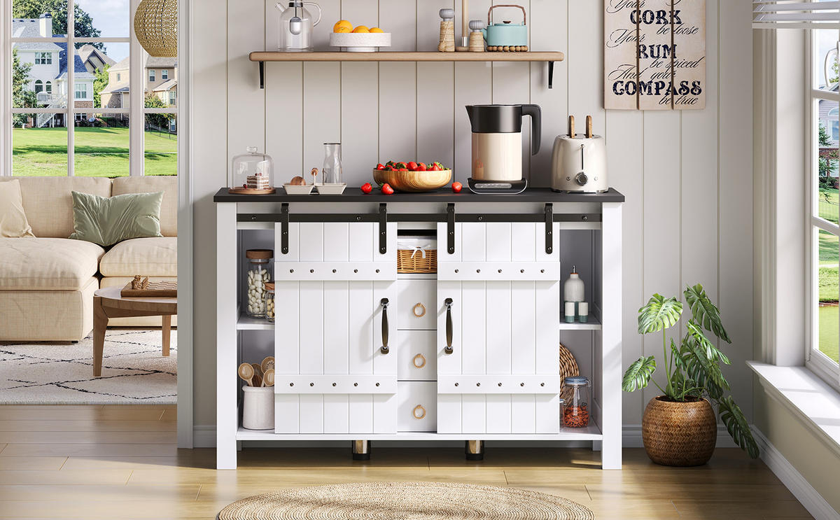 SIDEBOARD im Landhausstil mit 2 Schiebetüren und 3 Schubladen, MDF, 120/40/80 cm, Weiß - Weiß, Holzwerkstoff (120/80/40cm) - Redom