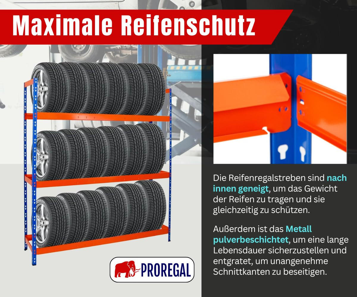 REIFENREGAL Tiger XL 200x180x45 cm 300 kg Fachlast bis zu 21 Reifen auf 3 Ebenen Blau/Orange - Blau/Orange, Metall (180/200/45cm) - PROREGAL