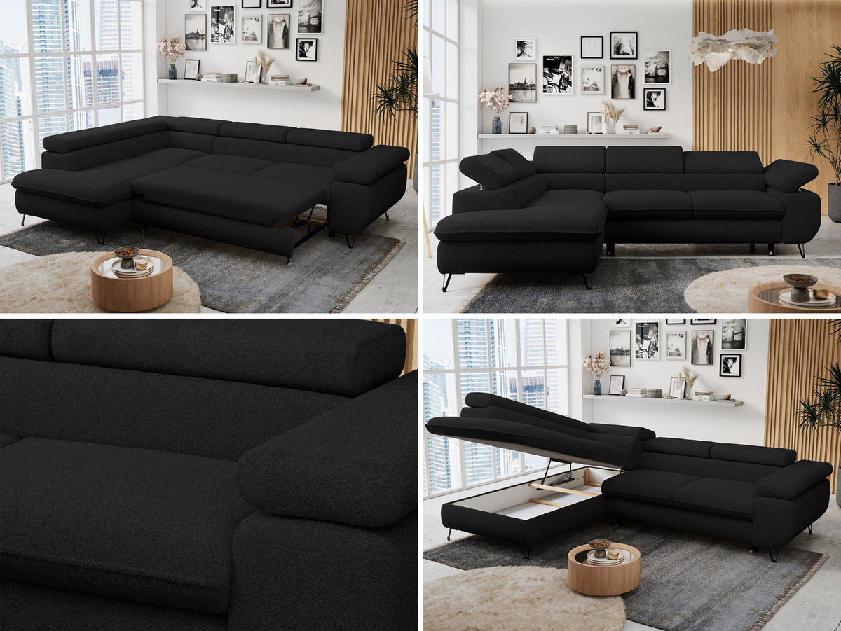 ECKSOFA PETER L Schwarz Boucle - Links Seite - Schwarz, Textil/Metall (208/273cm) - MKS