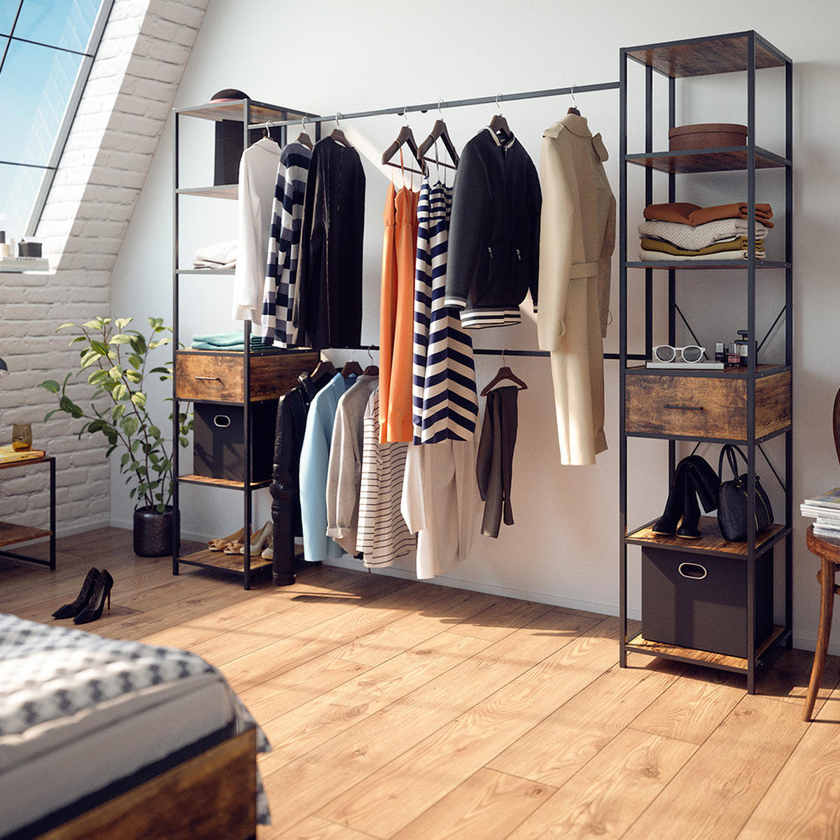 KLEIDERSCHRANK Fyrk Eiche rustikal 180 x 187 cm - Wildeiche/Schwarz, Holzwerkstoff (180/187/45cm) - Vicco