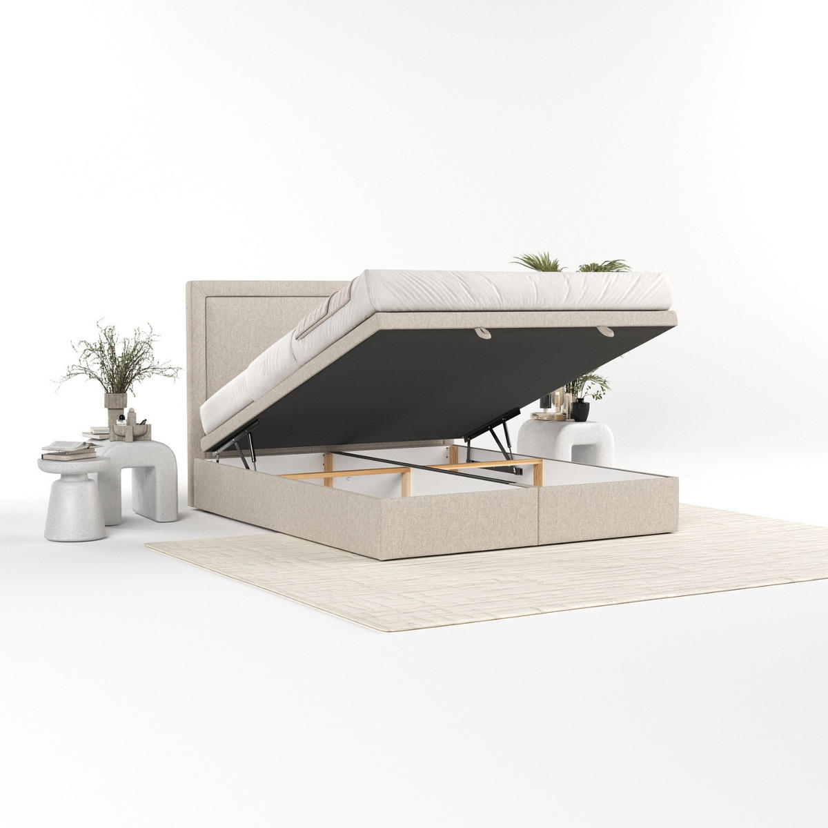 POLSTERBETT Salma mit Stauraum 160/200 cm Hellbeige im Megan Stoff - Sandfarben/Schwarz, Holz/Holzwerkstoff (160/200cm) - AltaBeds