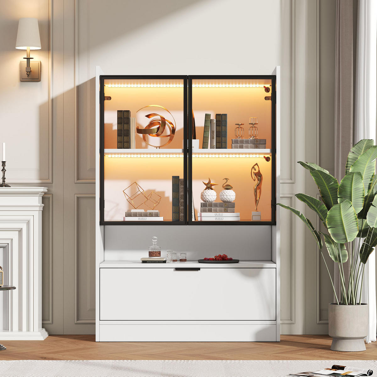 VITRINE LED Matt Glasvitrine Klapptür 120cm Weiß Standvitrine - Weiß, Holzwerkstoff (80/120/35cm) - FLIEKS