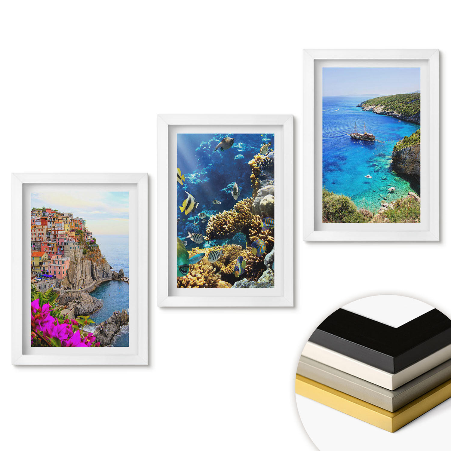 WANDBILDER 3er-Set - 20x30 cm Weißer Rahmen - Meerblick, farbenfrohe Häuser - Weiß, Kunststoff (20/30cm) - ArtPrintCave