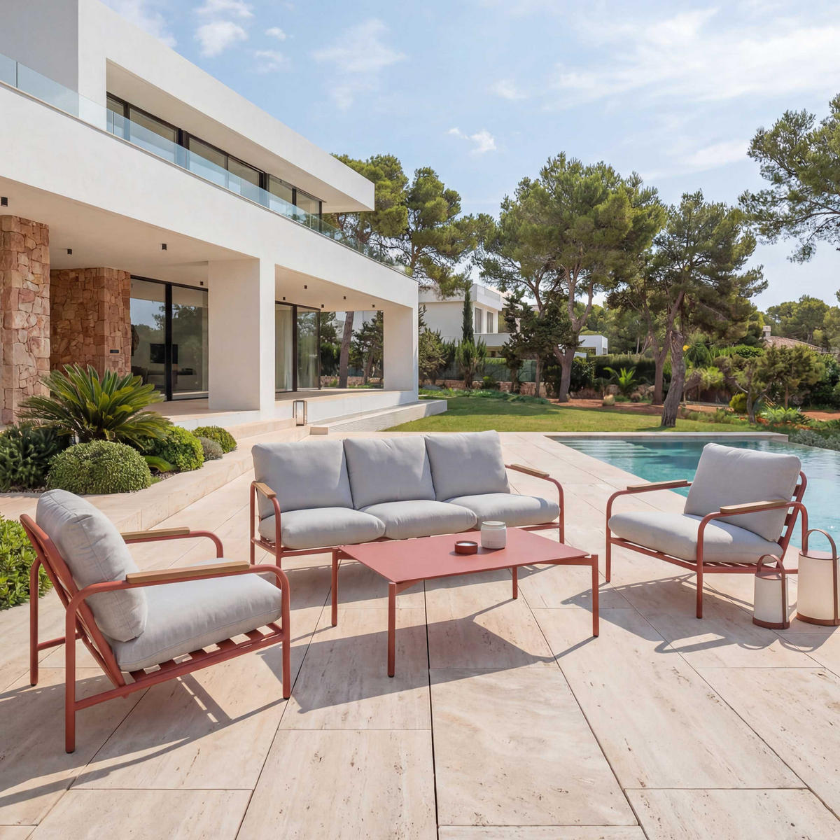 GARTENGARNITUR Rot, Beige 1x 3-Sitzer Gartenbank, 2x Sessel und 1x Tisch-Set - Beige/Rot, Metall - MCW