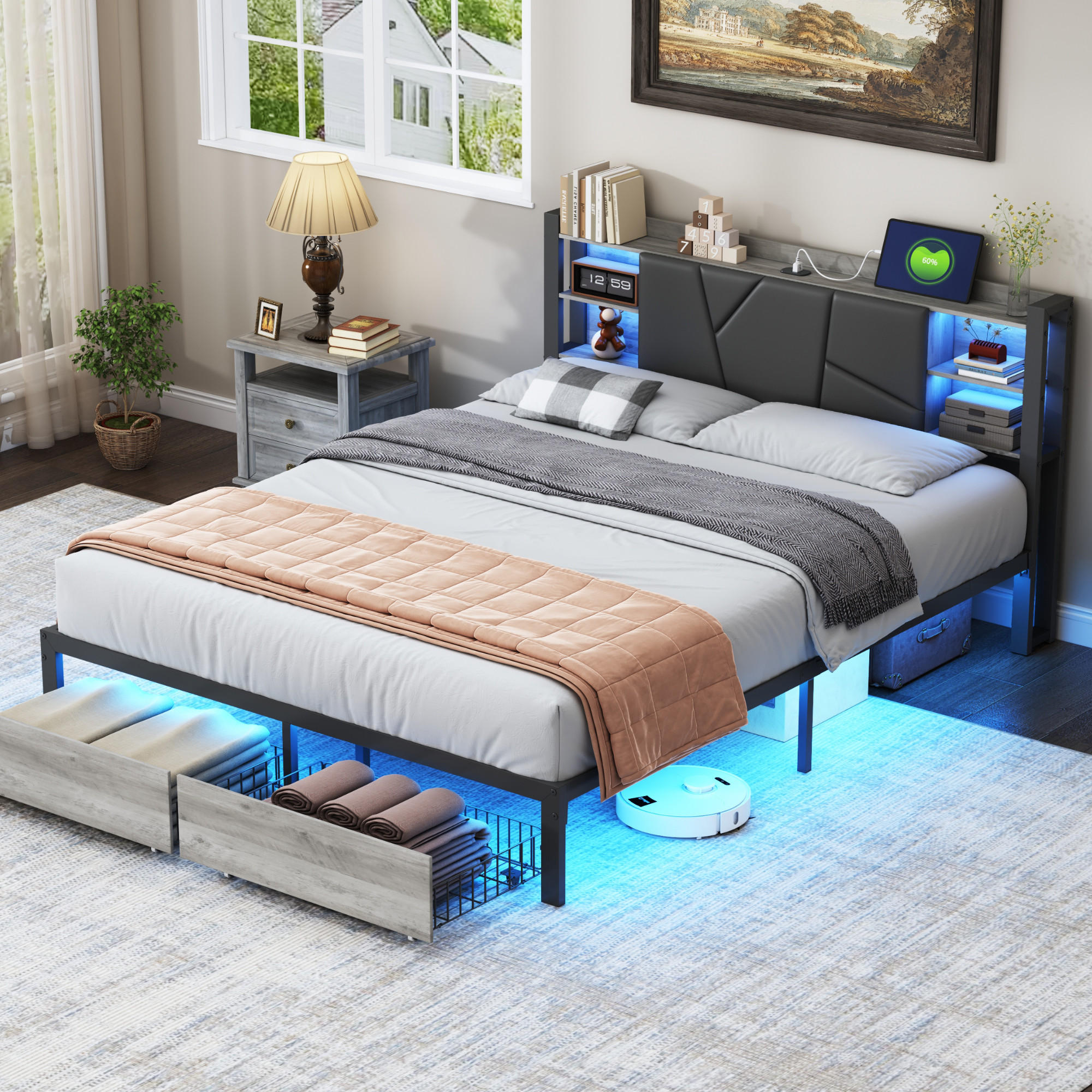 METALLBETT 180x200 cm, 2 Schubladen, LED-Beleuchtung - Schwarz, Textil/Metall (180/200cm)