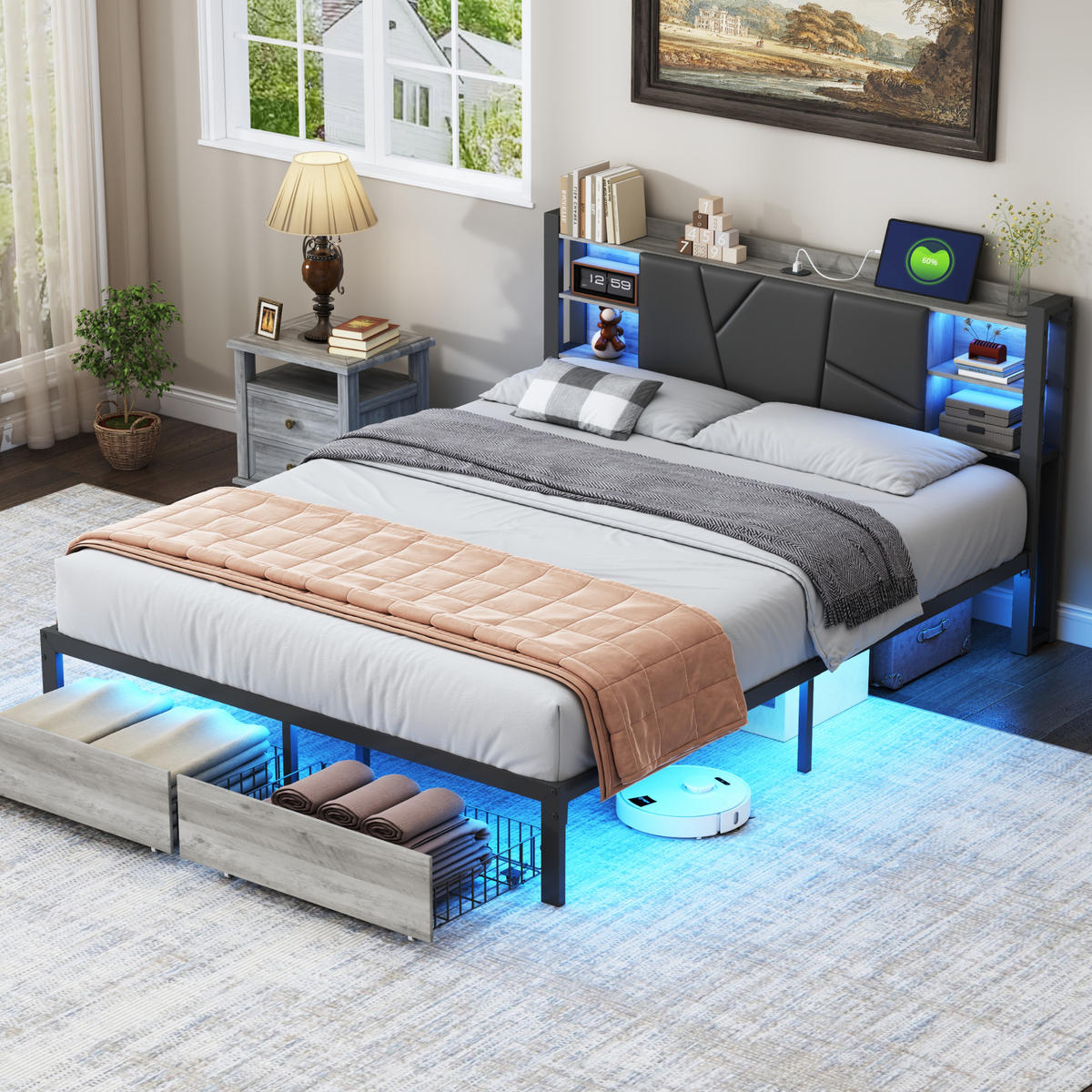 METALLBETT 160x200 cm, 2 Schubladen, LED-Beleuchtung - Schwarz, Textil/Metall (160/200cm)