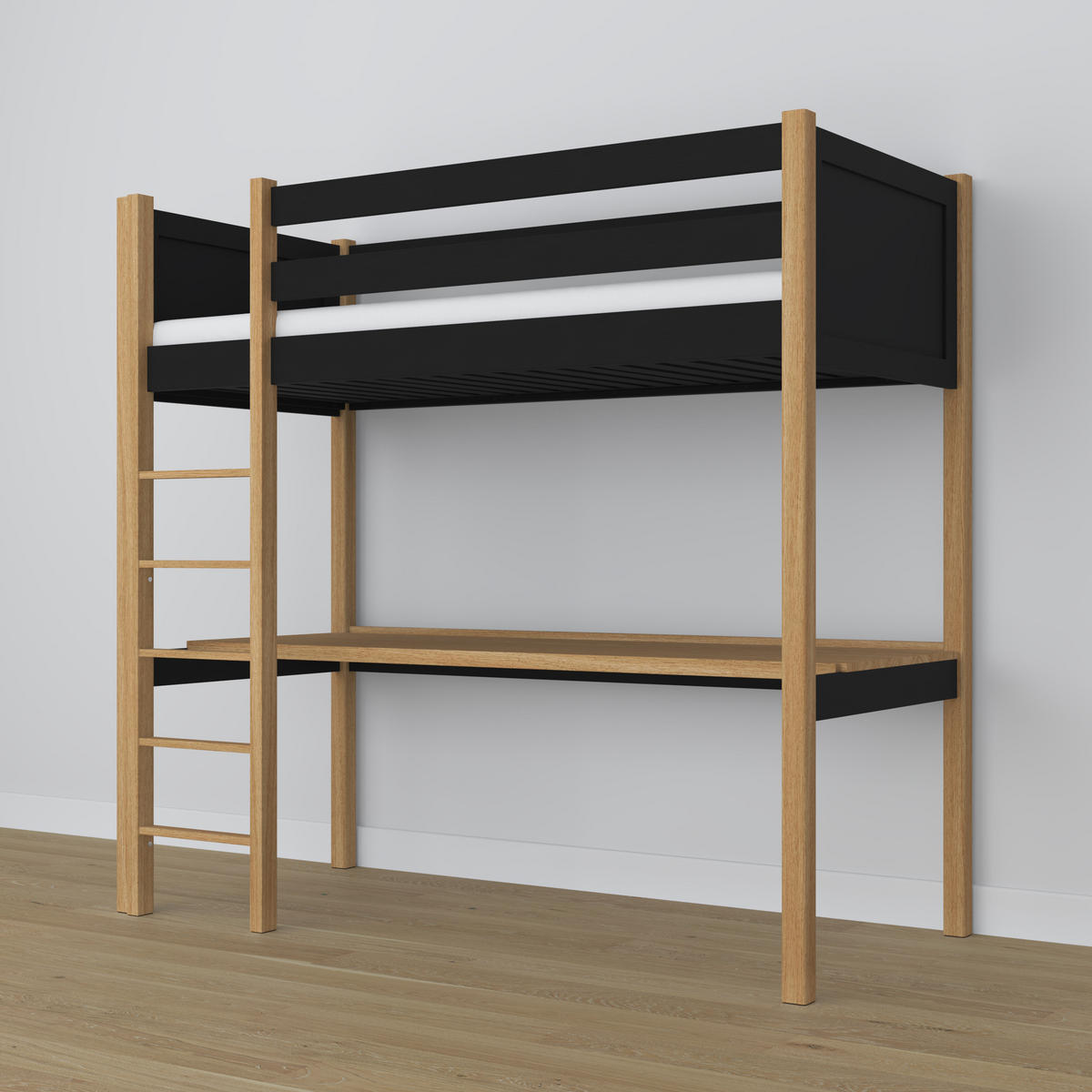 HOCHBETT N06 mit Schreibtisch Schwarz / Eiche Natur 90/190 - Schwarz/Eiche Artisan, Naturmaterialien/Holz (90/190cm) - N-Wood