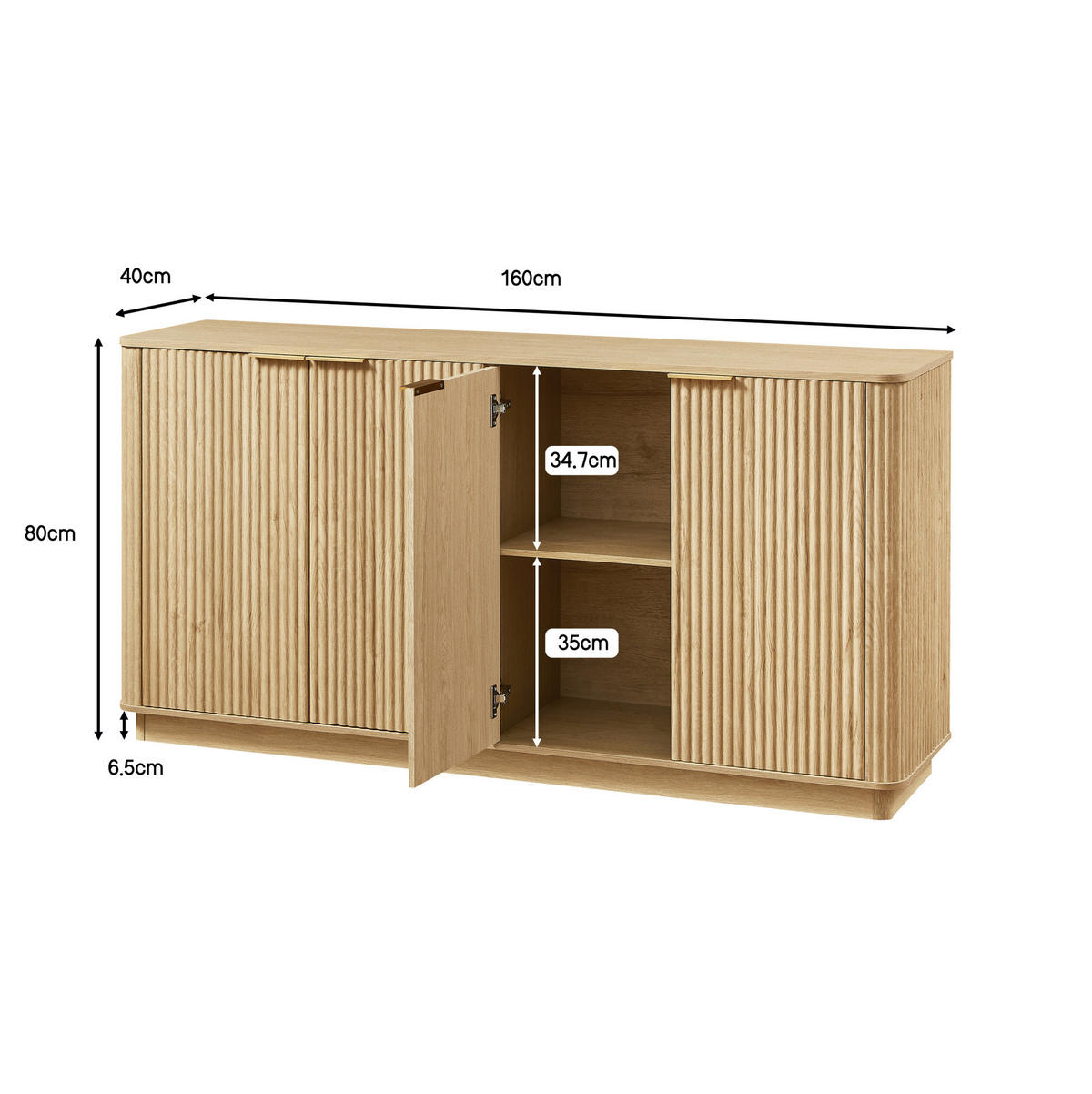 SIDEBOARD 160/40/80 cm mit 4 Türen und Stauraum, Wellenfront und Goldgriffen, Eichefarben - Eichefarben, Holzwerkstoff (160/80/40cm) - Redom