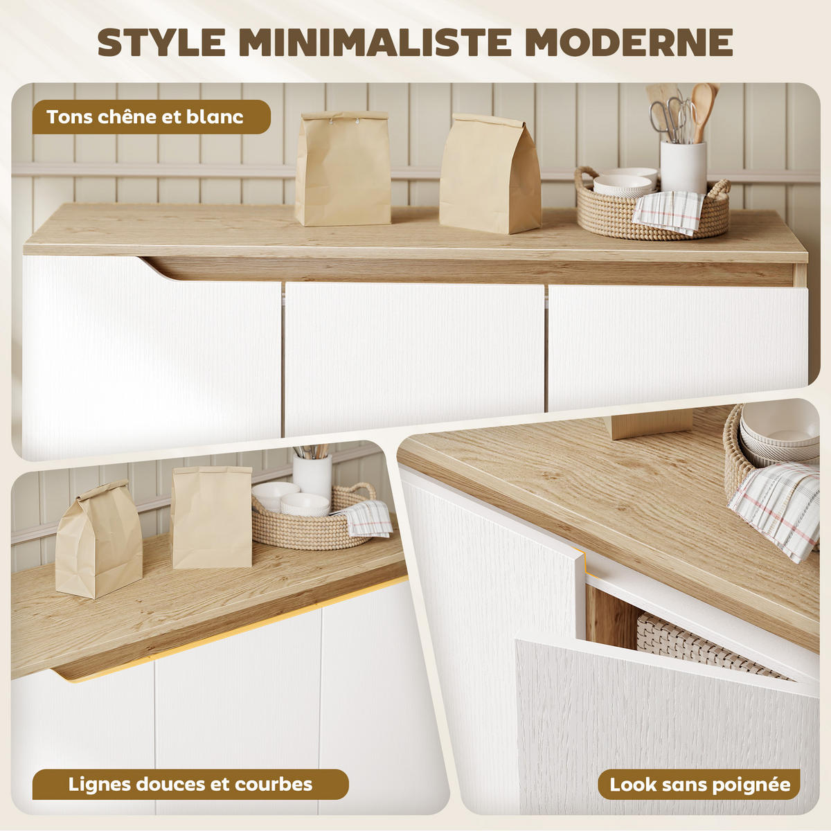 SIDEBOARD DE-11301 3 Türen, verstellbare Böden Weiß/Eiche - Eichefarben, Holzwerkstoff (107/76.5/35cm) - ComfortXL