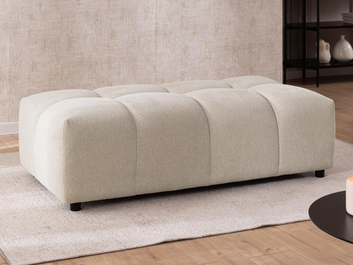 ECKSOFA inkl. Hocker Bubble mit Schlaffunktion und losen Rückenkissen, Sitzfläche Bubble-Optik aus weichem Hellbeige Strukturstoff - Ottomane Rechts - Beige/Schwarz, Holz/Kunststoff (306/180cm) - S-Style Möbel