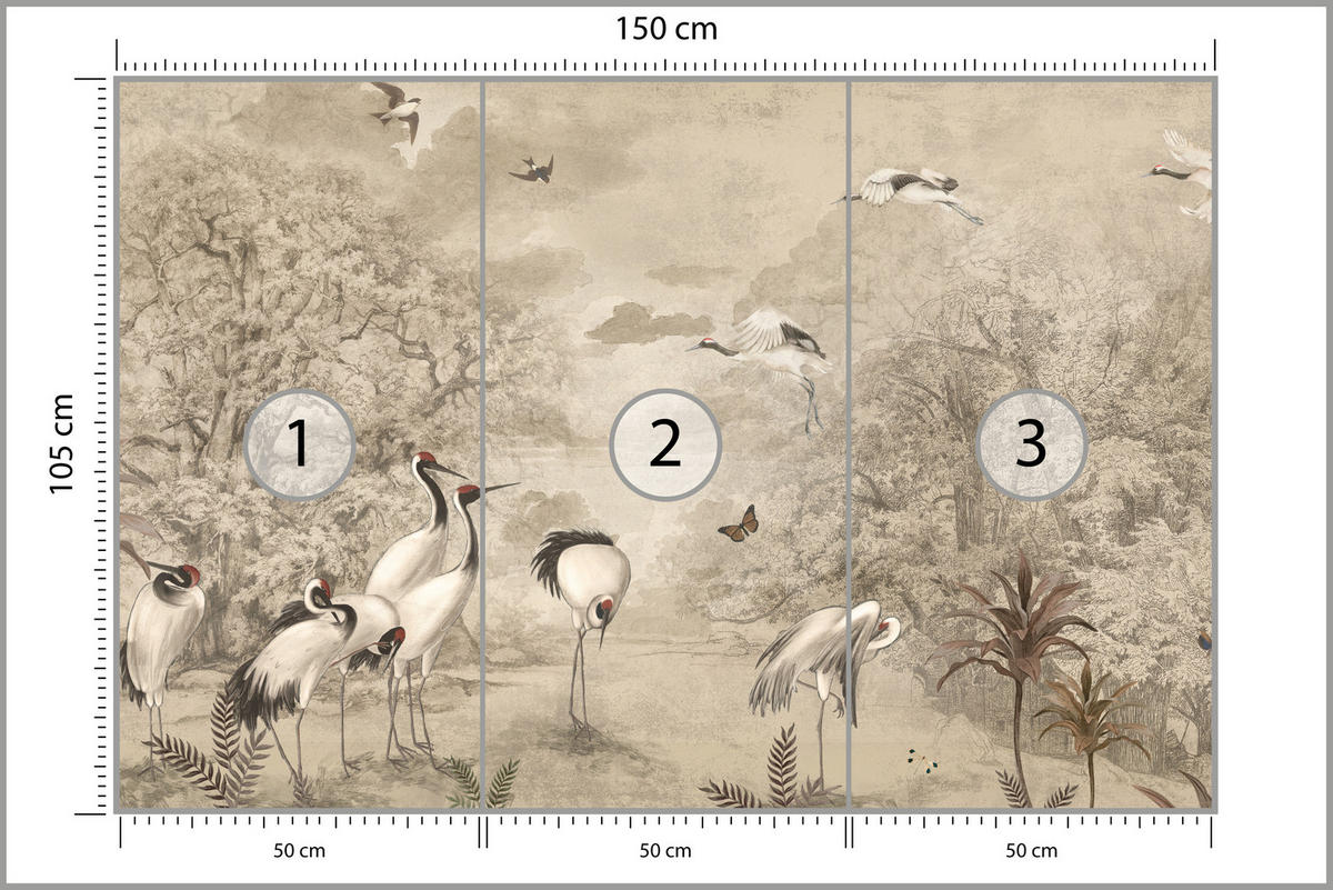 FOTOTAPETE für Schlafzimmer Retro Kraniche Wald Bäume Vögel 150x105 - Beige/Rot, Papier (150/105cm) - Muralo
