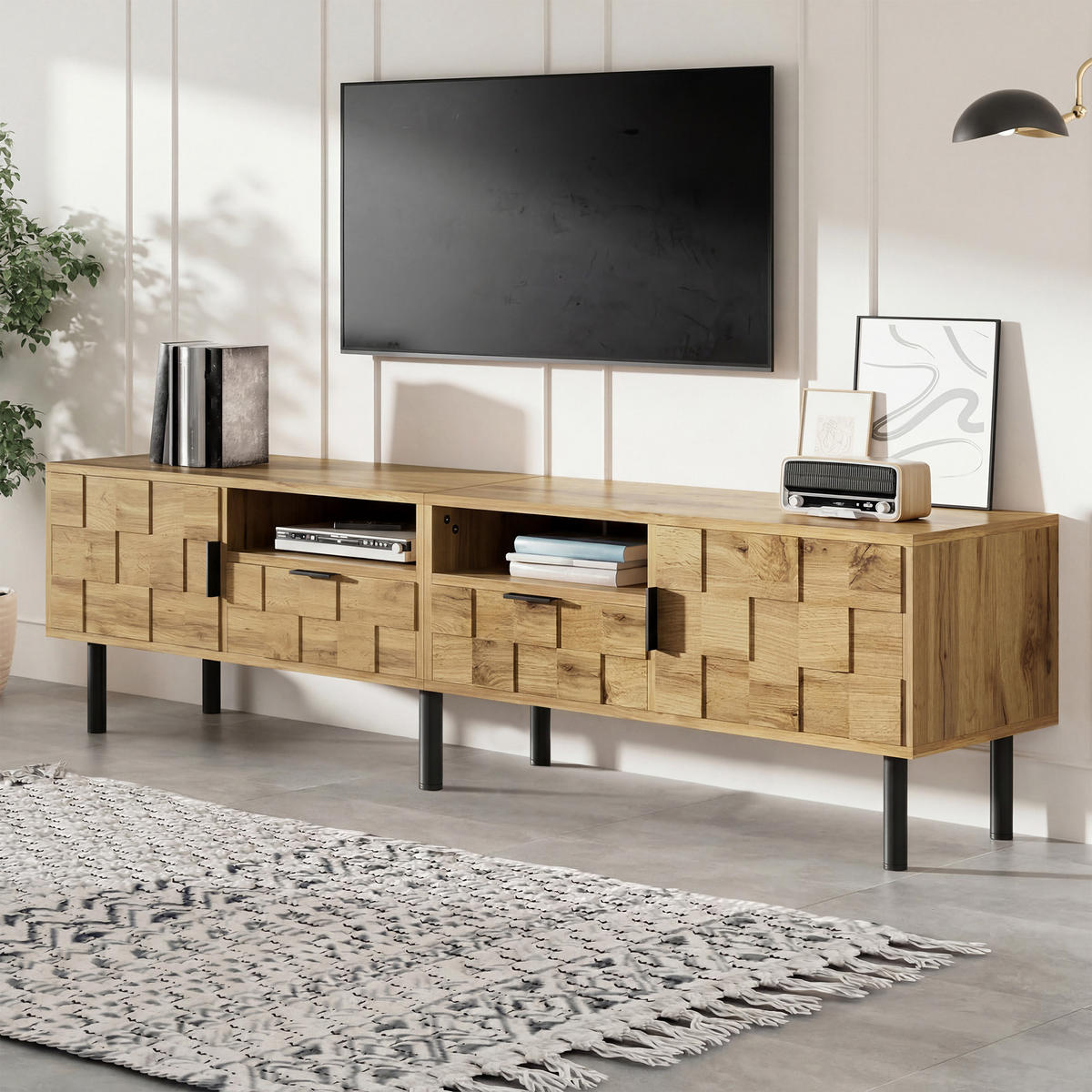 TV-SCHRANK Mosaik Lowboard 2 Türen 2 Schubladen Metallfüße - Naturfarben, Holzwerkstoff (35/42.5/160cm) - FLIEKS