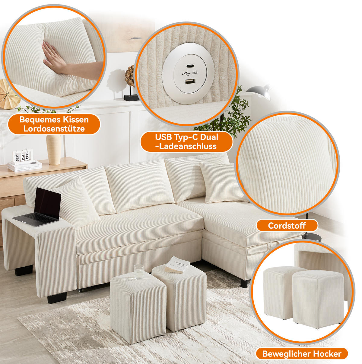 ECKSCHLAFSOFA Cord mit Stauraum und USB-Anschluss Beige 231/131,5/84 cm - Beige, Textil (84/131.5cm) - Redom