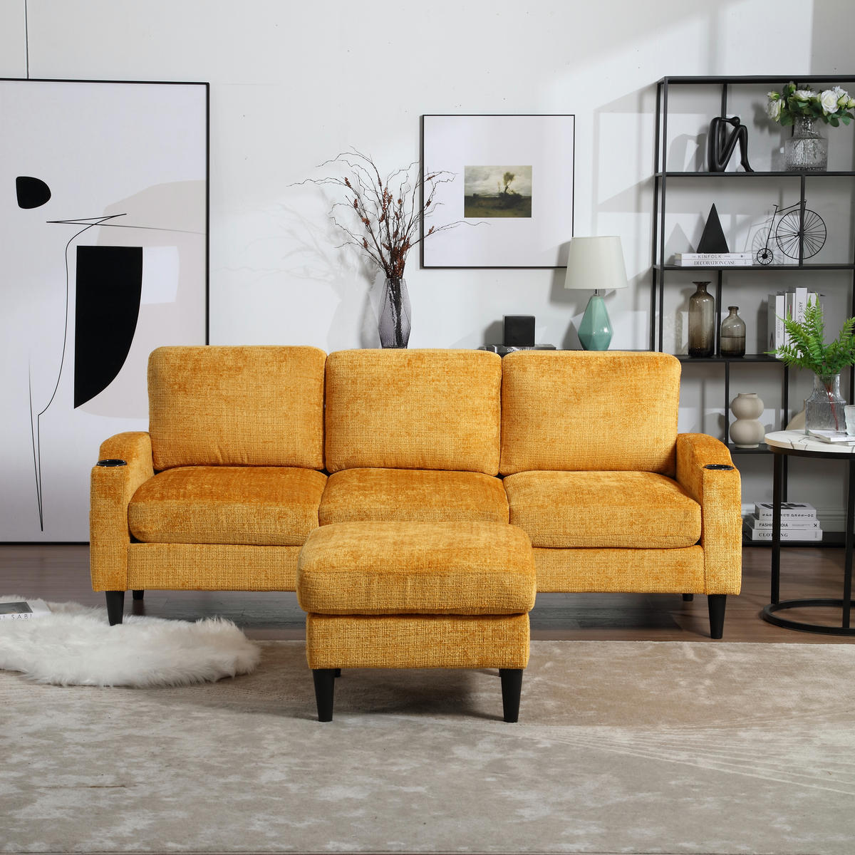 ECKSOFA 163/121/66 cm Gelb mit 1 Aufbewahrungshocker, Aufbewahrungstasche und Getränkehalter - Gelb, Textil (196.5/75cm) - Oxeza