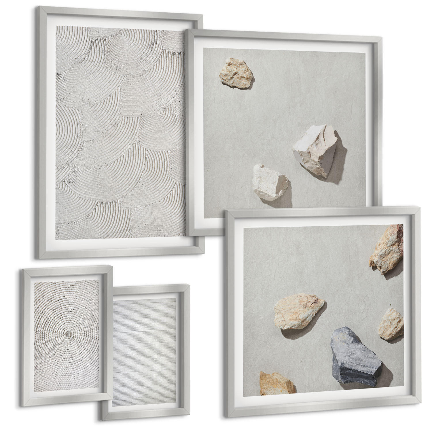 BILDER SET 5er Set - 50x50 cm & 20x30 cm & 40x60 cm Silberner Rahmen - Geometrische Pappsteine - Silberfarben, Kunststoff (40/60cm) - TULUP