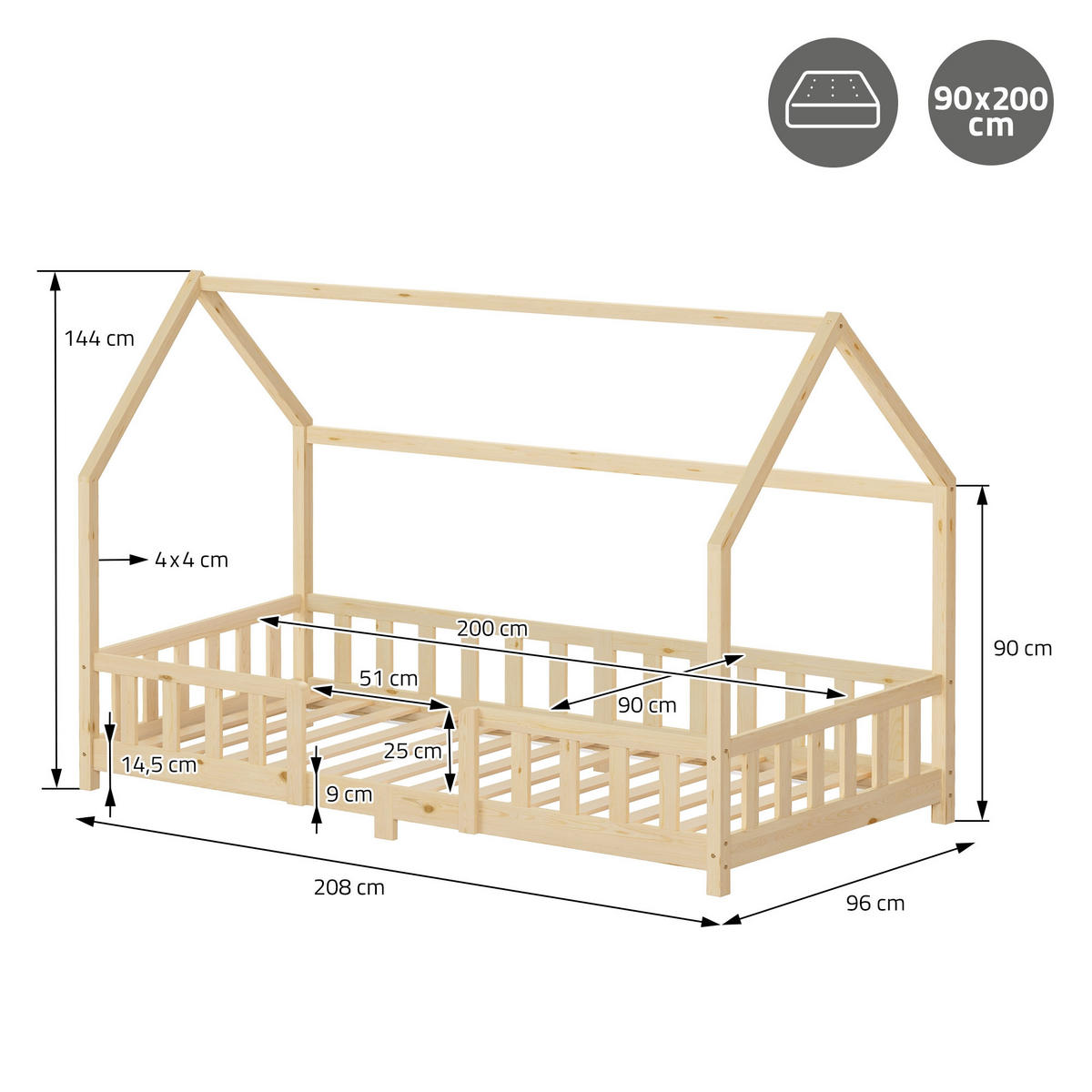 DĚTSKÁ postel 90x200 cm s matrací a ochrannou bočnicí, přírodní borovicové dřevo - přírodní, dřevo (90/200cm) - ML-DESIGN