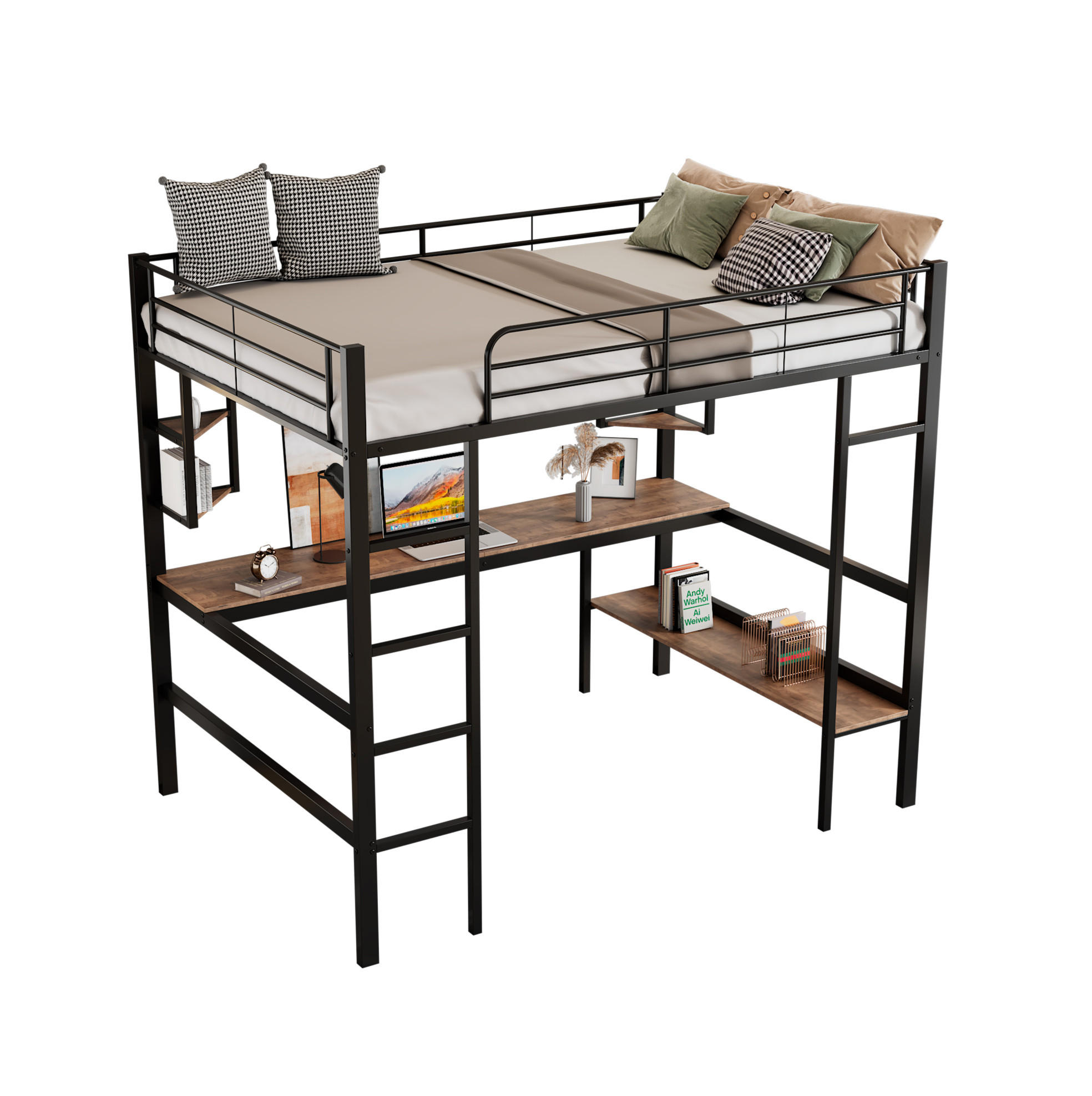 HOCHBETT 90/200 cm mit Schreibtisch, 4 Regalen und Bücherregal aus Metall, Schwarz - Schwarz, Metall (90/200cm) - Redom