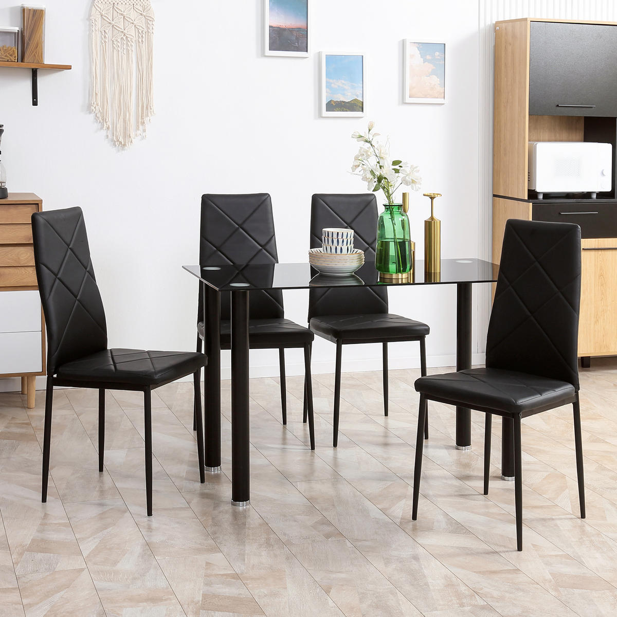 ESSGRUPPE mit 4 Stühlen, Tischplatte aus gehärtetem Glas, Stahlbeine, für Küche oder Wohnzimmer, schwarz - Brombeere, Metall (120/75/60cm)