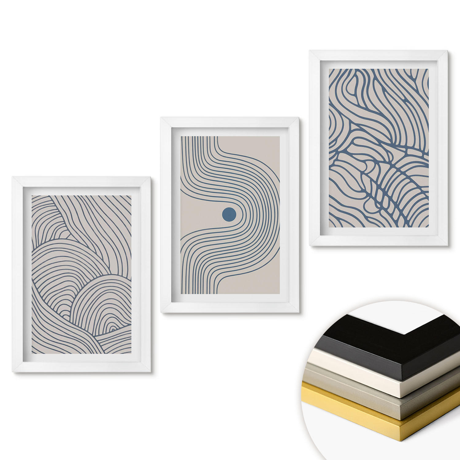 WANDBILDER 3er-Set - 20x30 cm Weißer Rahmen - Abstrakte Linien, Wellenformen - Weiß, Kunststoff (20/30cm) - ArtPrintCave