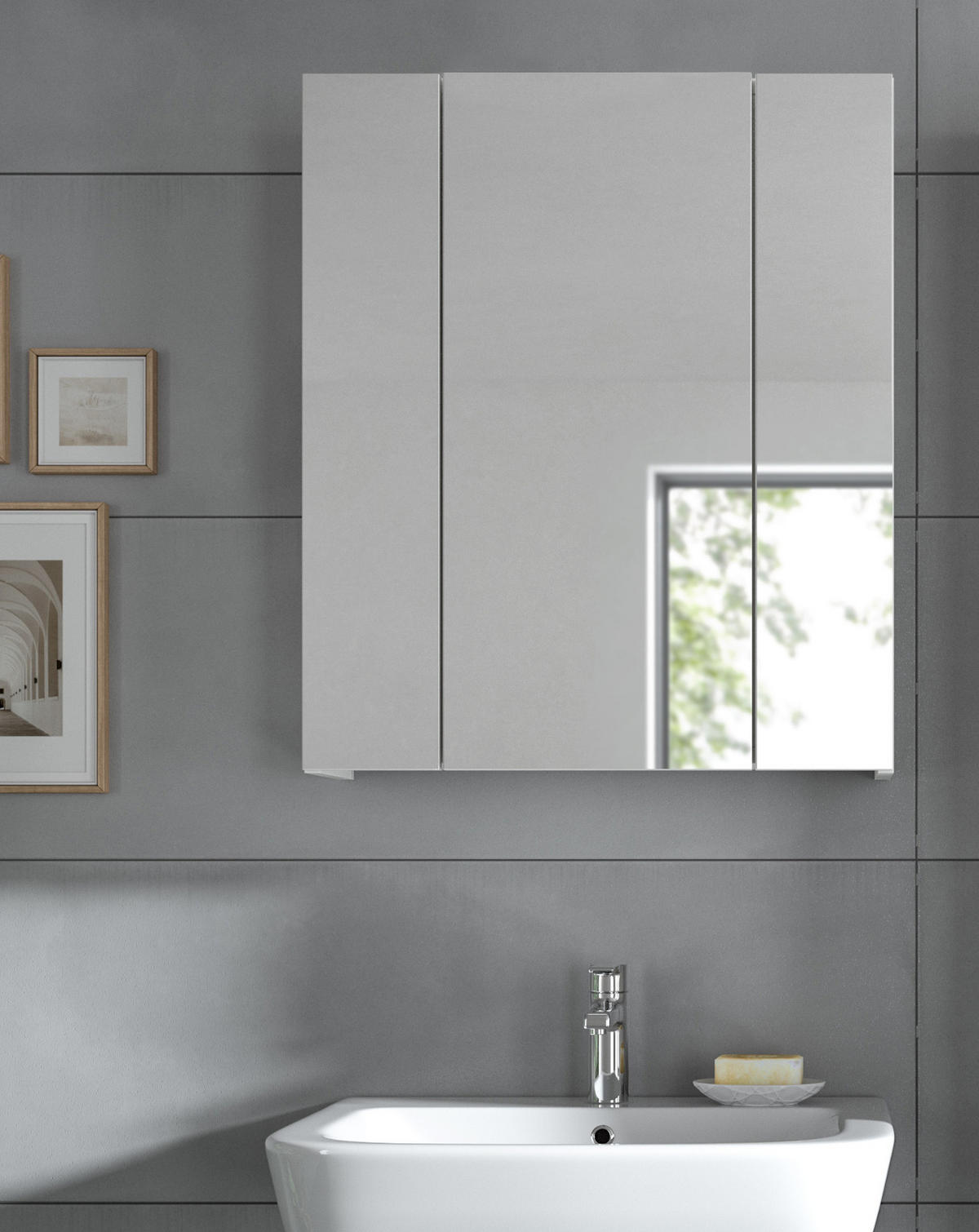 BADEZIMMER Spiegelschrank in weiß Badschrank 3-türig 60 x 70 cm Cover - Weiß, Glas/Holzwerkstoff (60/70/18cm) - Inn.Furn