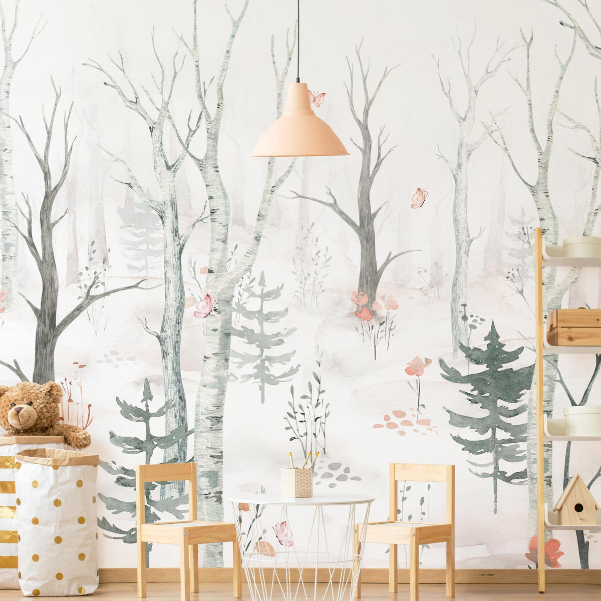 FOTOTAPETE Birkenwald mit Mohnblumen 192/192 cm - Eichefarben, Papier (192/192cm) - Bilderwelten