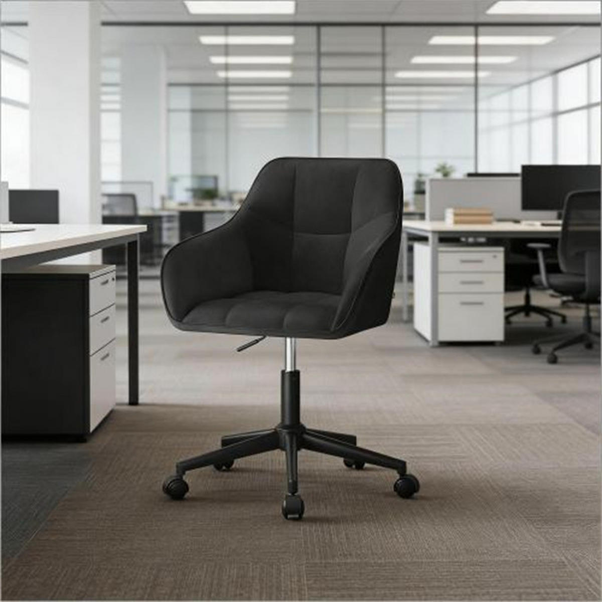 DREHSTUHL Ergonomisch Schwarz, Metall & Samt, höhenverstellbar, drehbar & rollbar, 61 x 40,5 x 40 cm - Schwarz, Metall (61/40/40.5cm) - Albatros