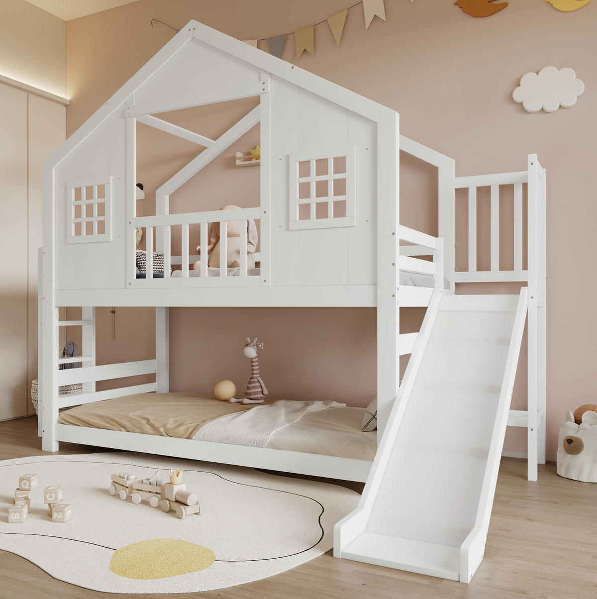 HAUSBETT 90/200 cm in Weiß mit Rutsche und Dachdesign - Weiß, Holz (90/200cm) - BEAOK
