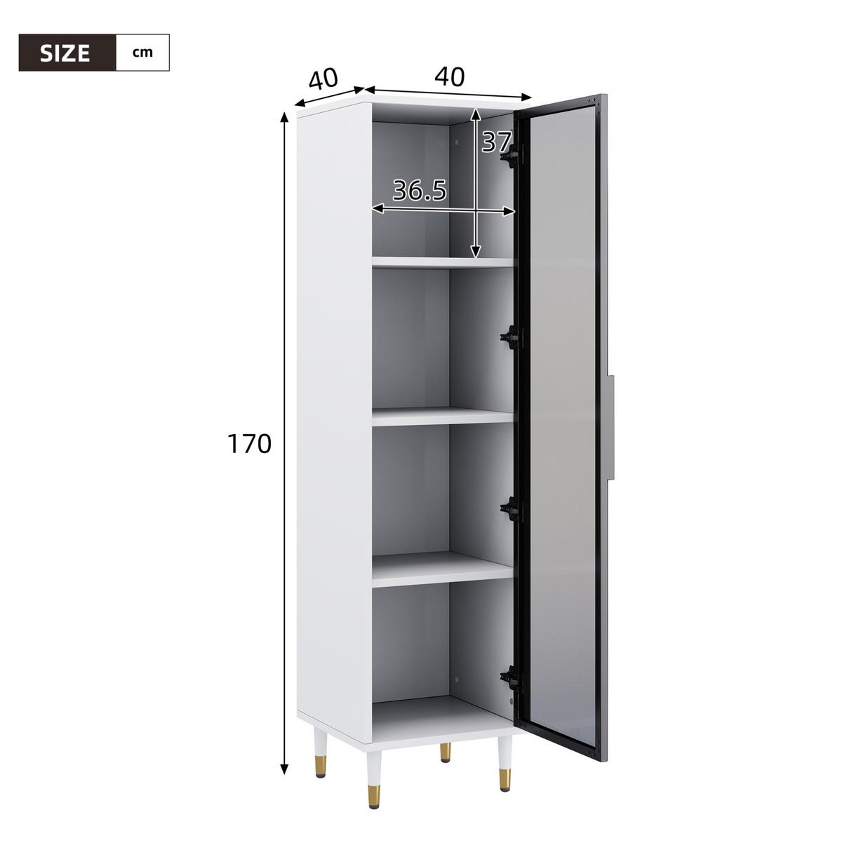 HIGHBOARD mit LED-Beleuchtung 40/40/170 cm in Weiß mit getönter Glastür - Weiß, Holzwerkstoff (40/170/40cm) - BEAOK