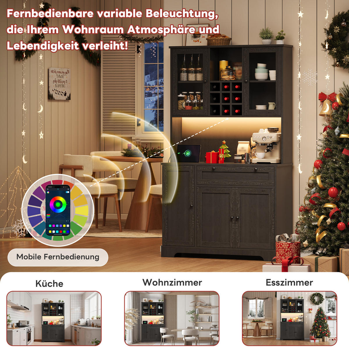 BUFFET 105/40/180 cm Schwarz mit farbwechselnder LED-Beleuchtung und 1 Schublade - Schwarz, Holz (105/180/40cm) - Oxeza