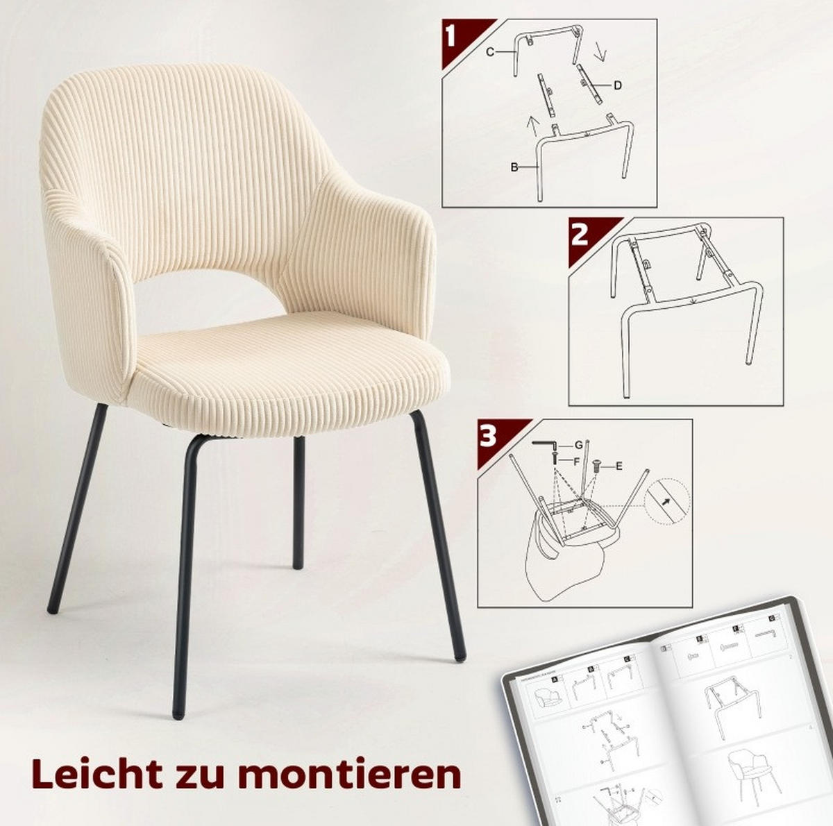 STUHL 62.5x57x85.5 cm in Beige, gepolstert, Cordbezug, Wannenform - Beige, Textil (57/85.5/62.5cm) - Modfu