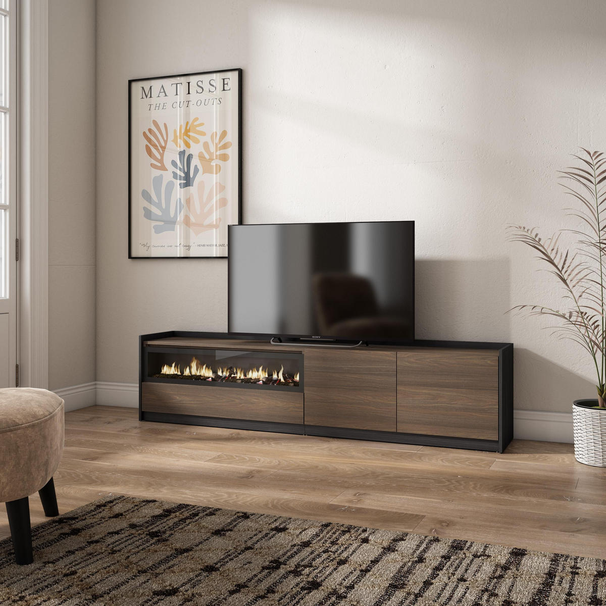 TV-SCHRANK, Lowboard, Dunkler Eiche und Schwarz, Elektrokamin, 207/37/50cm - Dunkelbraun, Holzwerkstoff (207/50/37cm) - Skraut Home